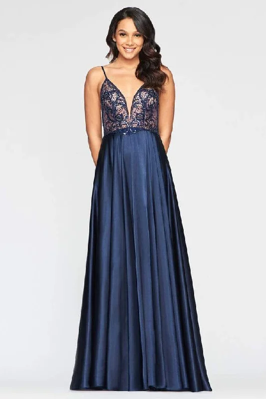 Faviana - S10401 Applique Deep V-neck Charmeuse A-line Dress