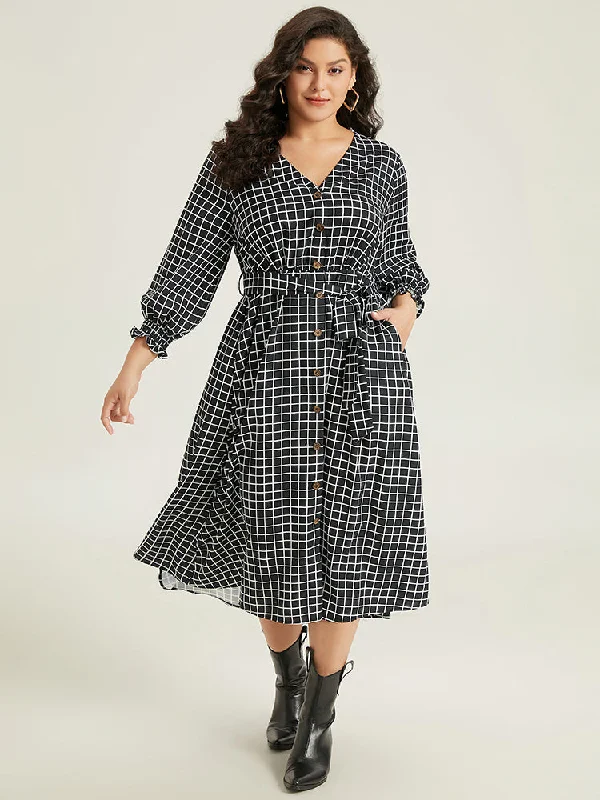 Gingham Button Detail Pocket Lantern Sleeve Dress