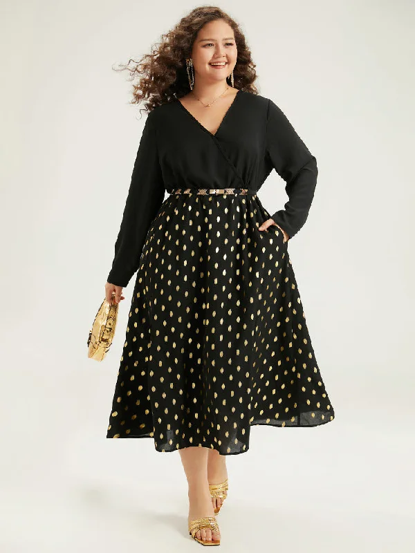 Glitter Polka Dot Pocket V Neck Dress