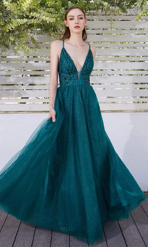 J'Adore Dresses - JM102 Embellished Plunging Neck Glitter Tulle A-Line Gown