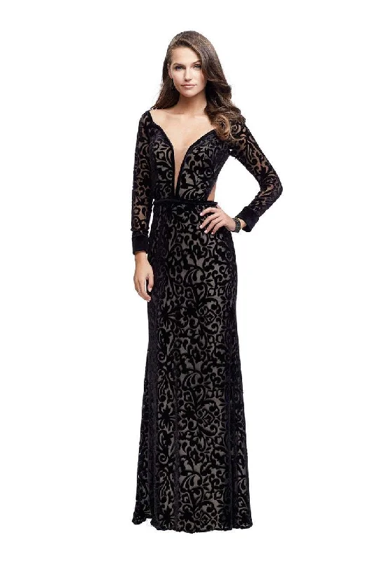 La Femme - 25497 Deep V-neck Velvet Sheath Gown