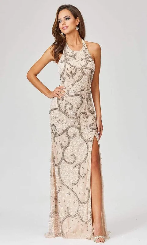 Lara Dresses - 29372 Halter Neck High-Slit Fully Ornate Sheath Dress