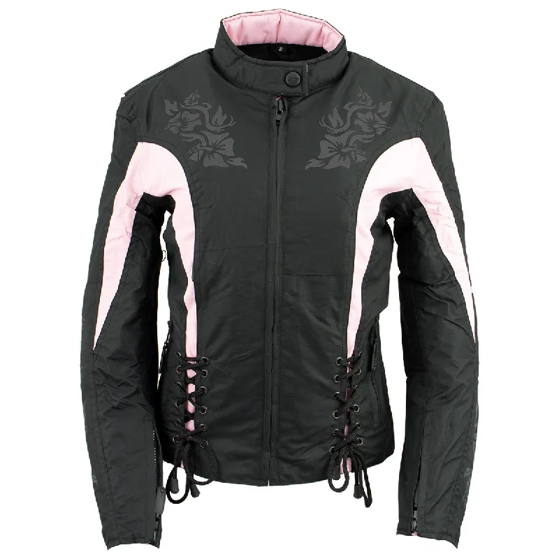 NexGen SH236806 Women's 'Reflective Buffalo Head' Black and Pink Textile Jacket Ribbed Jacket Pleated Jacket Ruffled Jacket NexGen SH236806 Women's 'Reflective Buffalo Head' Black and Pink Textile Jacket Ribbed Jacket Pleated Jacket Ruffled Jacket