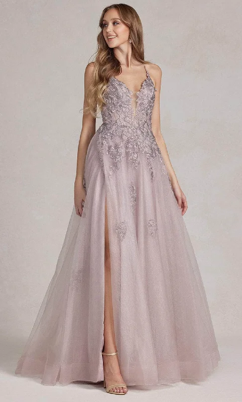 Nox Anabel G1149 - Embroidered Plunging V-Neck Prom Gown