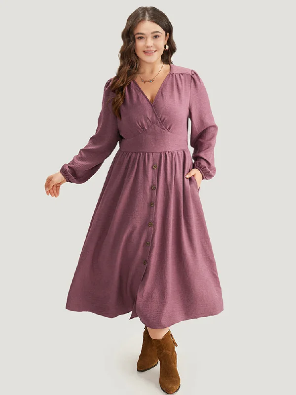 Plain Gathered Button Detail Lantern Sleeve Dress
