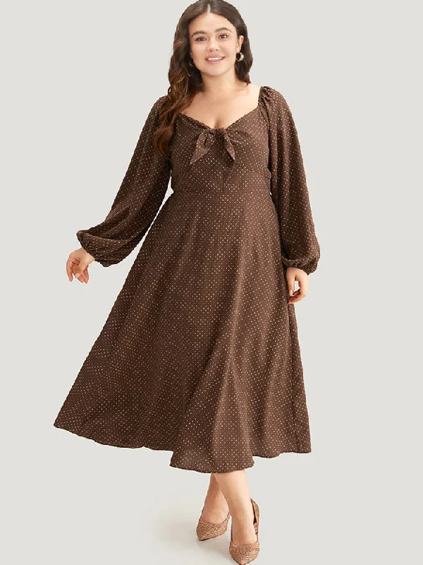 Polka Dot Knot Neck Lantern Sleeve Dress