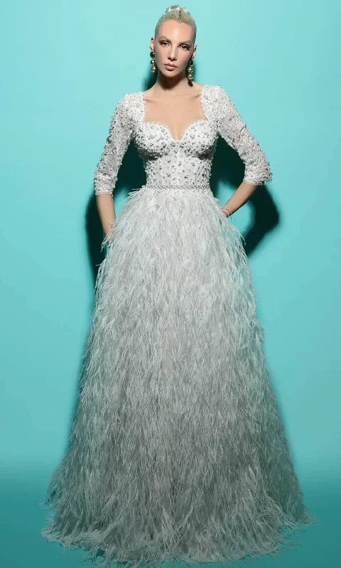 Tarik Ediz 98454 - Beaded Feather Fringe A-line Gown