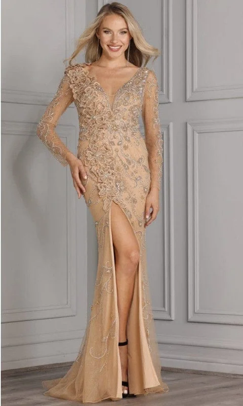 Terani Couture - 2111GL5023 Plunging V-Neck Appliqued Gown