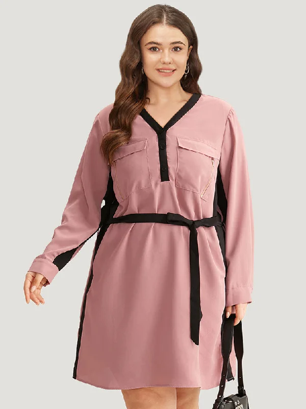 Two Tone Metai Zipper Pocket Belted Dress