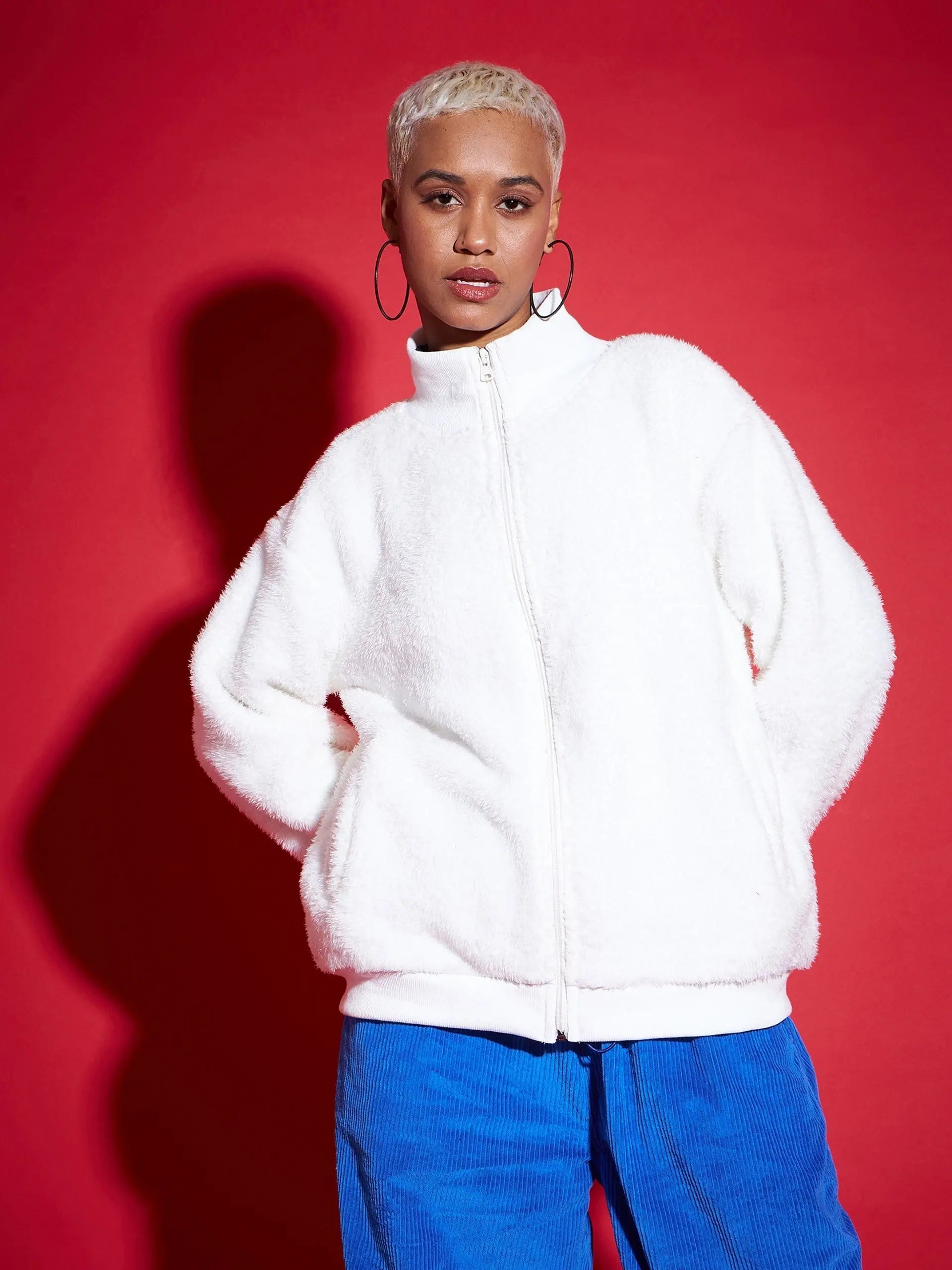 Women Solid Standard White High Neck Full Sleeve Jacket Rayon Fabric Velvet Fabric Corduroy Fabric Women Solid Standard White High Neck Full Sleeve Jacket Rayon Fabric Velvet Fabric Corduroy Fabric
