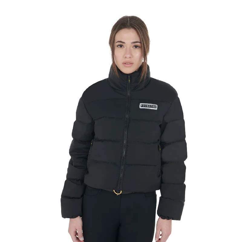 Women's Cropped Stretch Fabric Down Jacket - Black Snapped Jacket Toggled Jacket Drawstring Jacket Women's Cropped Stretch Fabric Down Jacket - Black Snapped Jacket Toggled Jacket Drawstring Jacket