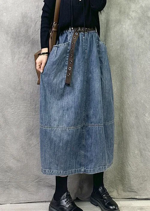 Blue Elastic Waist Patchwork Denim A Line Skirts Pockets high waist skirt