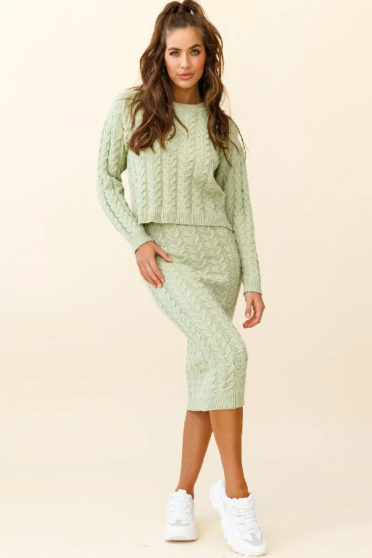 Cozy Up Cable Knit Midi Skirt Green asymmetrical skirt cut