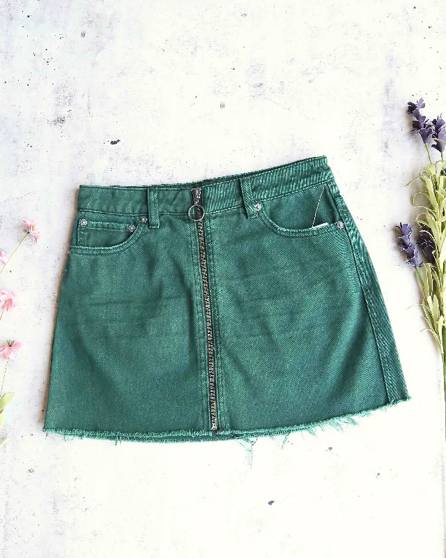 Free People - Front Zip It Up Denim Mini Skirt With Frayed Hem in Wilderness Green casual skirt length