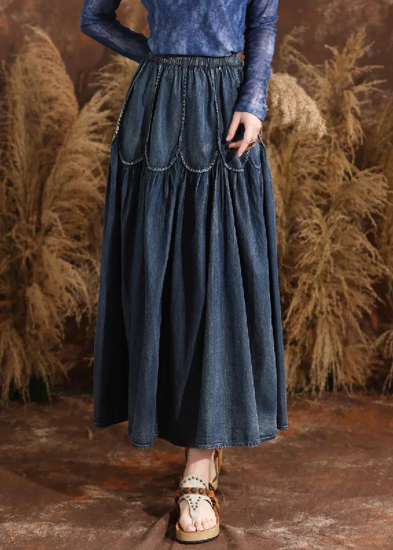 French Navy Patchwork Elastic Waist A Line Denim Skirts Summer cashmere skirt plush