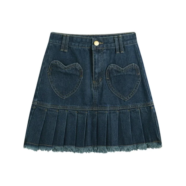 High Waist Y2k Pleated Denim Skirt Women Casual Blue Washed Mini Skirt flowy skirt hem