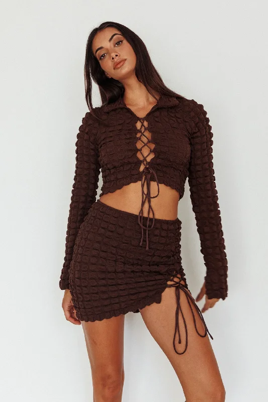 Josseline Lace-Up Detail Mini Skirt Chocolate leather skirt bold