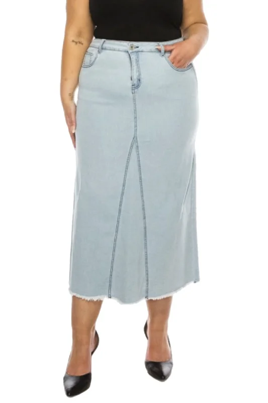 Plus Long Denim Skirt Style 89209X in Light Wash asymmetrical skirt cut