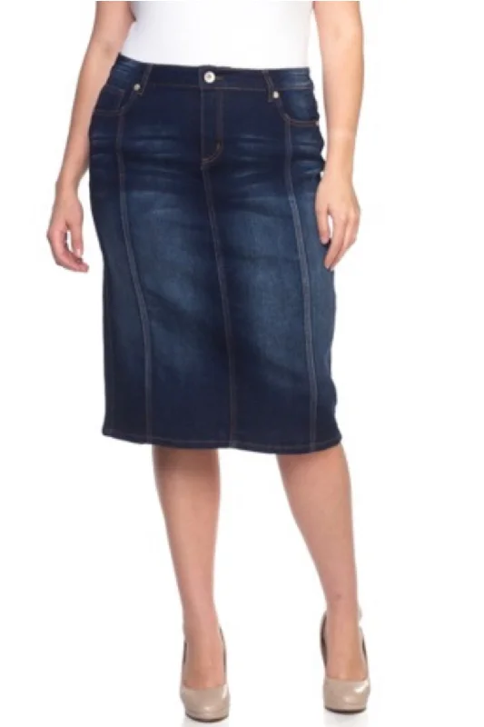 Plus Panel Denim Pencil Skirt Style 77105X Dark Indigo Wash denim skirt durable