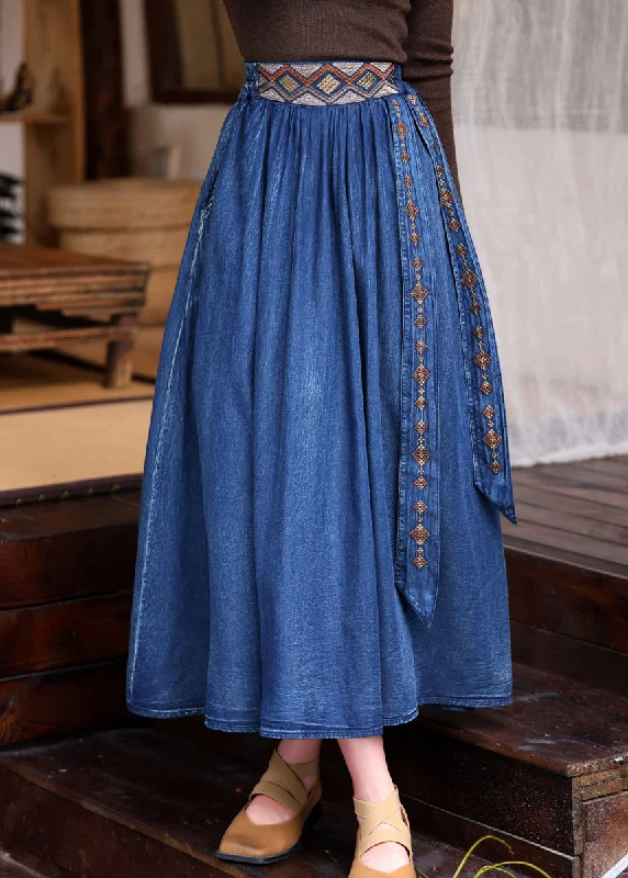 Plus Size Blue Patchwork Embroidered Tassel Elastic Waist A Line Denim Skirt button skirt front