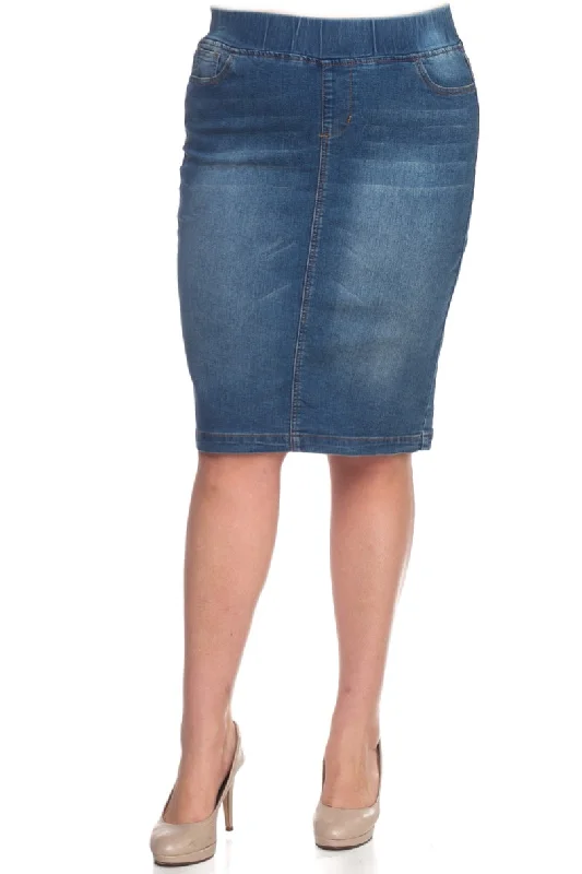 Plus Vintage Wash Denim Pencil Skirt 77104 ruffled skirt detail