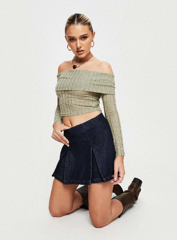 Sawan Pleated Denim Mini Skirt Dark Wash wool skirt sturdy