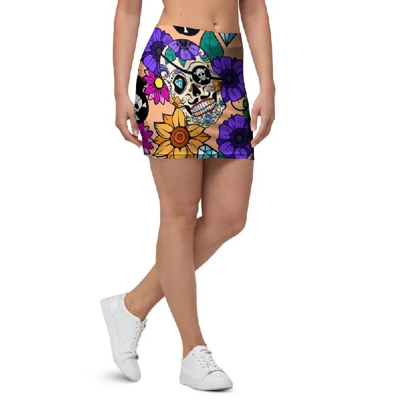 Sugar Skull Flower Mini Skirt chiffon skirt lightweight