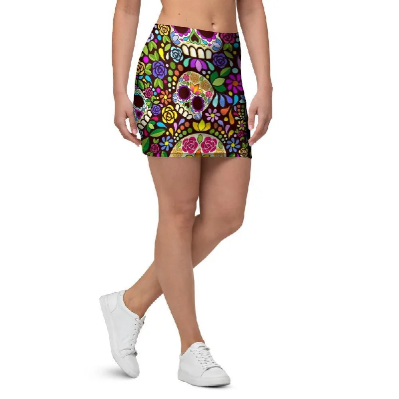 Sugar Skull Mexican Floral Mini Skirt relaxed fit skirt