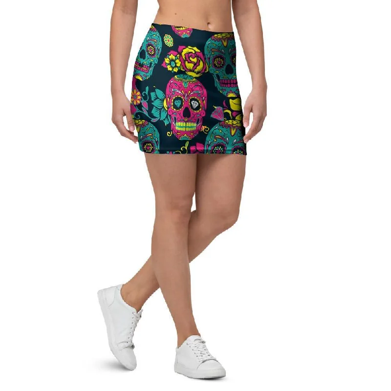 Sugar Skull Print Mini Skirt chiffon skirt flowing