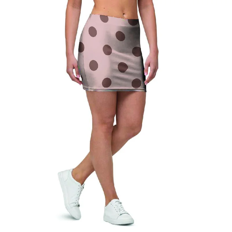 Tan And Brown Polka Dot Mini Skirt elastic waist skirt