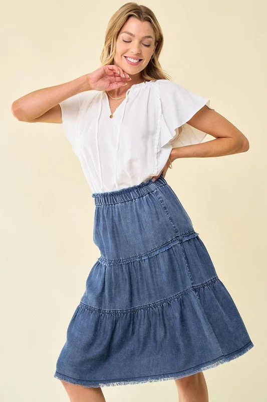 Tiered Frayed Denim Skirt 6420 velvet skirt glossy