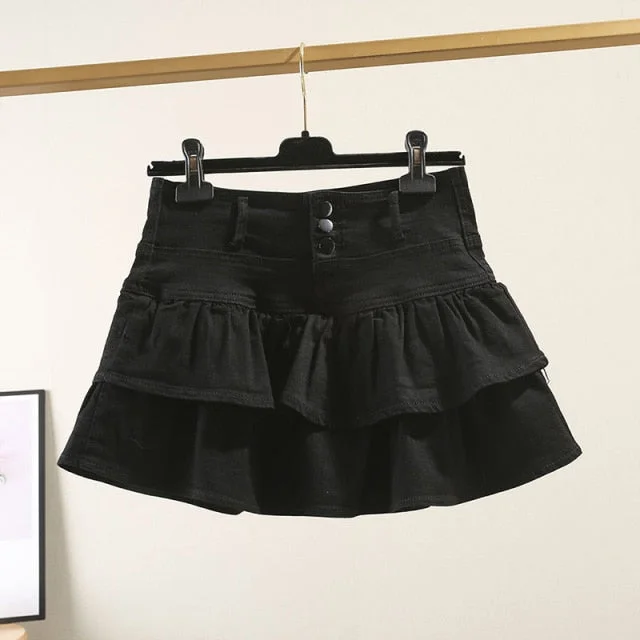 Women Denim Mini Skirt Jeans High Waist Ruffles Pleated Short Skirt ruffled skirt detail