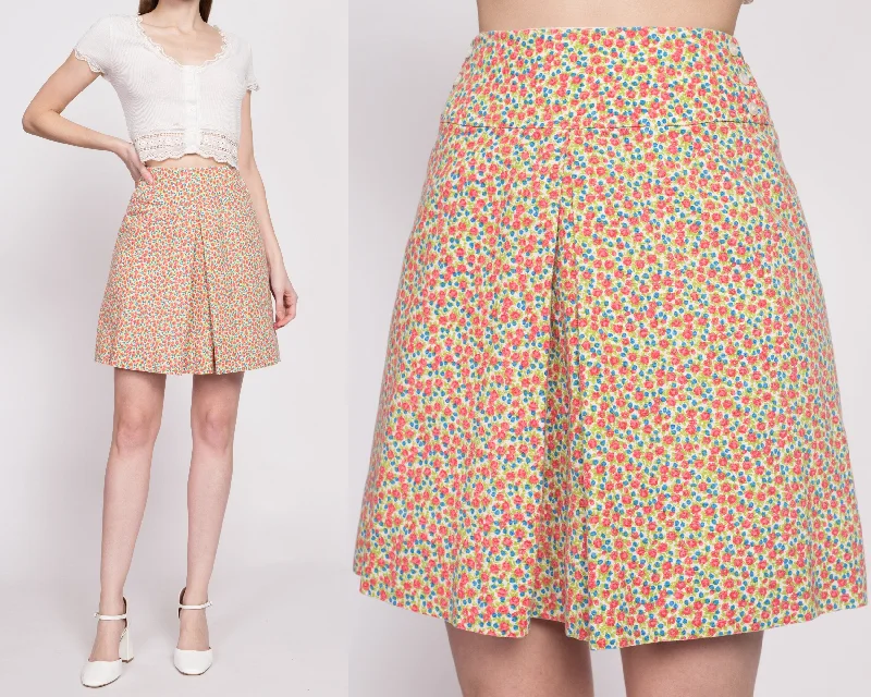 70s Calico Floral Pleated Mini Skirt - Extra Small, 23" button skirt front