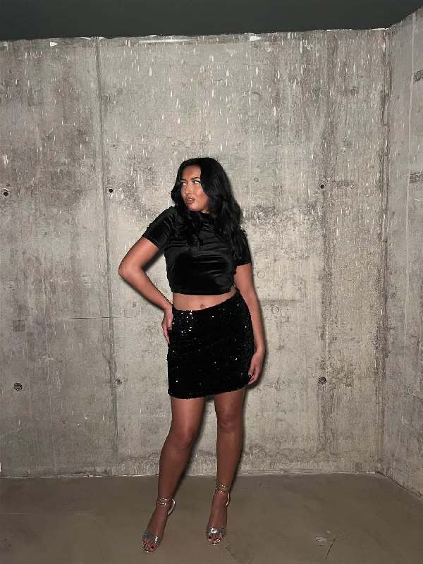 Black-Sequin Velvet Mini Skirt leather skirt bold