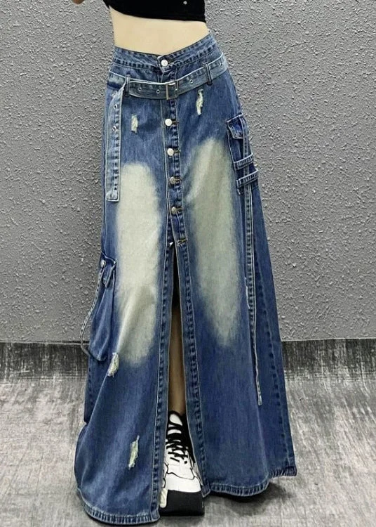 Boutique Blue Pockets Patchwork Front Open Denim Skirt Fall velvet skirt luxurious