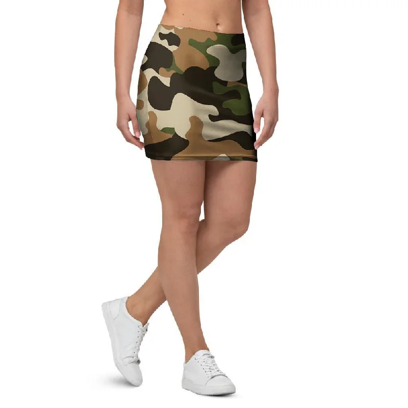Green And Brown Camouflage Print Mini Skirt elastic waist skirt