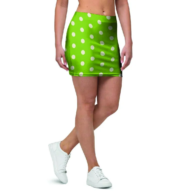 Green And White Polka Dot Mini Skirt denim skirt classic