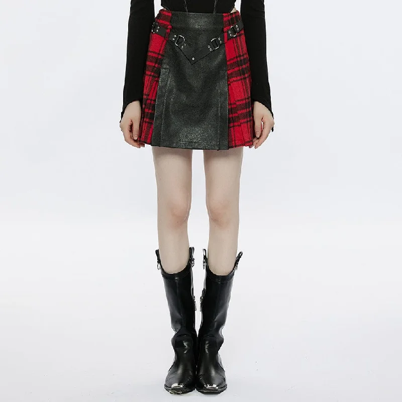 Women's Grunge Faux Leather Splice Plaid Skirt high slit skirt